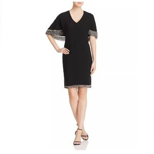 Elie Tahari Black & Silver Beaded Cape Cocktail Dress